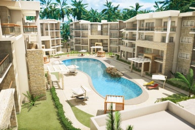 Paseo Playa Coral swimming pool and buildings